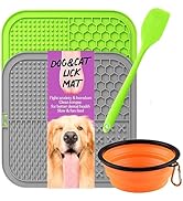 2 Durable Dog Lick Mat w Strong Suction Cups + Collapsible Bowl Bundle | Licking Pad w 4 Differen...