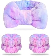WSYUB Spa Headband and Matching Wrist Bands for Washing Face, Fuzzy Skincare Bow Headbands, Soft ...