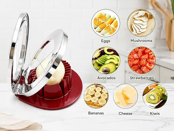 Manual egg slicer with stainless steel wires for slicing boiled eggs, mushrooms, and soft fruits.
