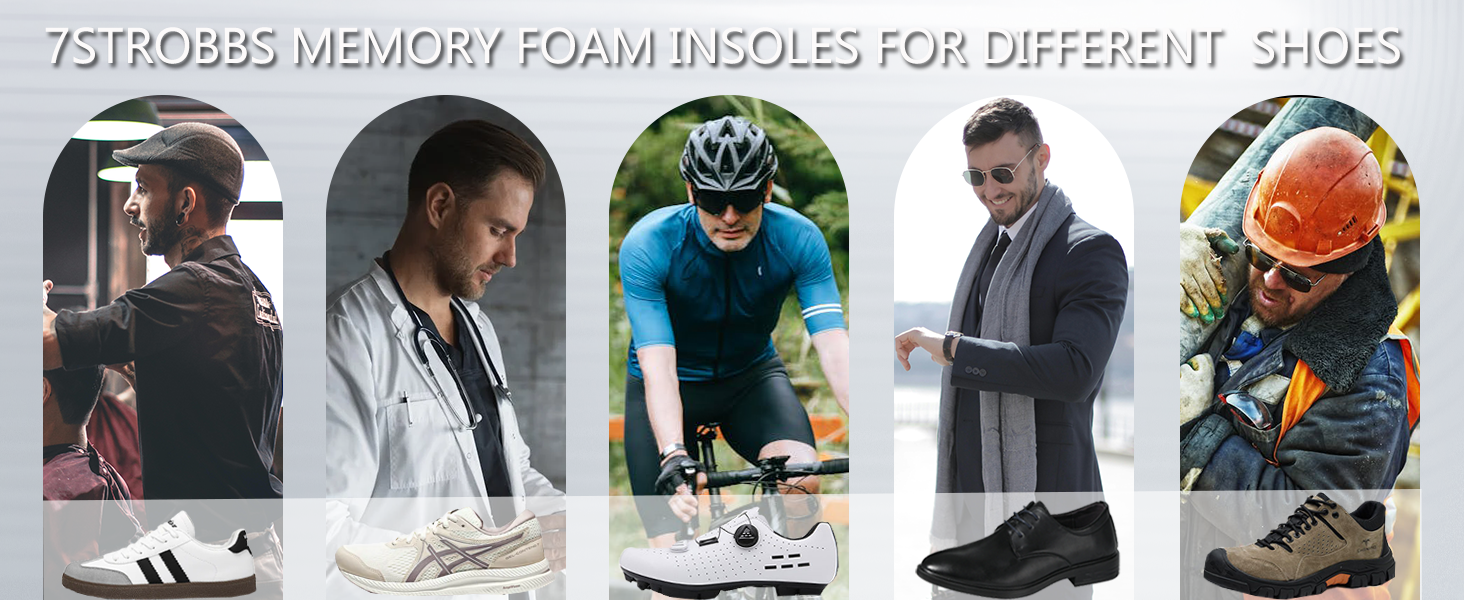 Product showcase of memory foam insoles demonstrated across five different scenarios including cycling, business wear, hiking, and casual use.