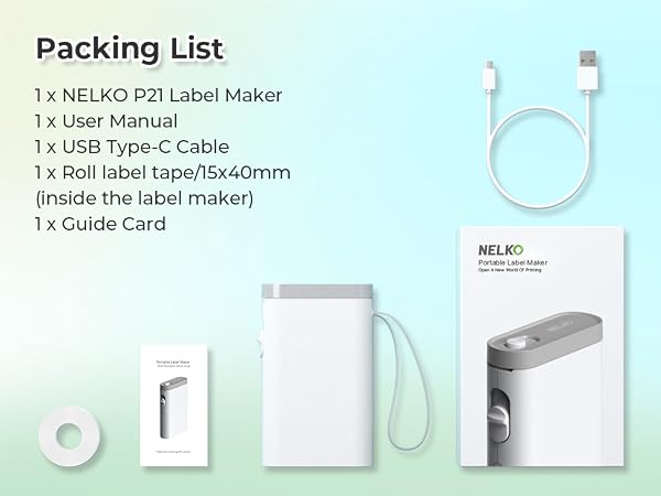 Packing list for NELKO P21 Label Maker, including device, manual, USB cable, label tape, and guide card. Items displayed on pastel background.