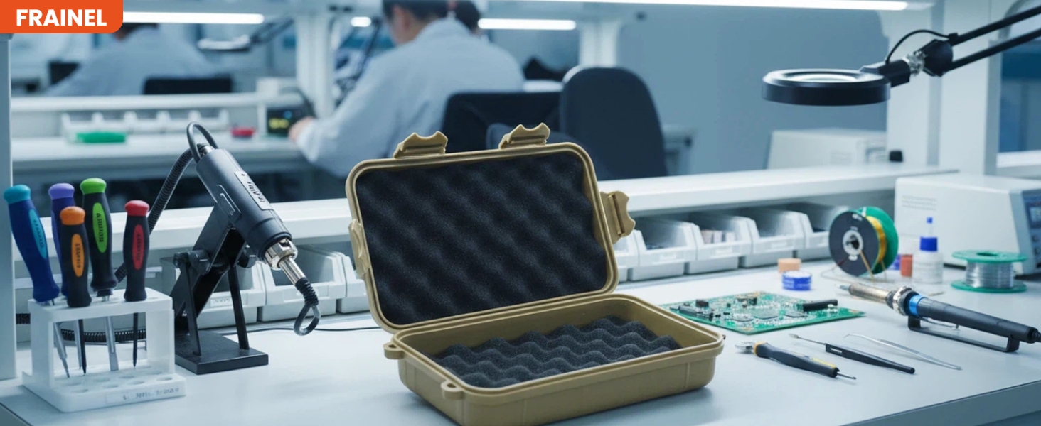 Open tan case on electronics repair workbench with tools and components