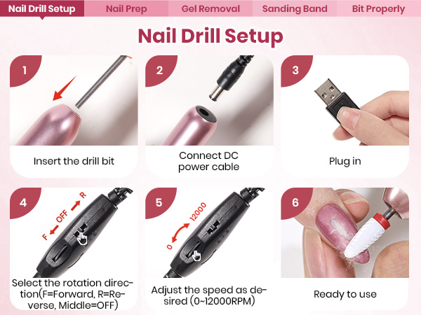 Electric Nail Drill Kit, 7 Drill Bits Portable Electric Nail File Machine for Gel Polish Removal
