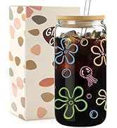 Mikopei Cute Coquette Glass Cups with Lids and Straws - Flowers and Bubbles, Jellyfish Iced Coffe...