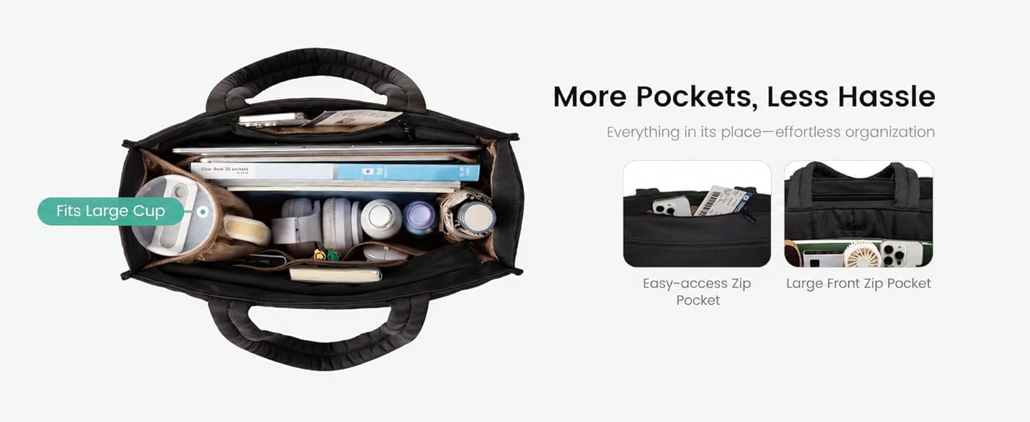 Multiple zip pockets and large cup slot keep everything organized inside this spacious tote bag