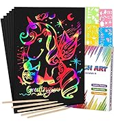 Scratch art paper set showing vibrant rainbow unicorn design against black background with additional art supplies and colorful instruction materials visible.