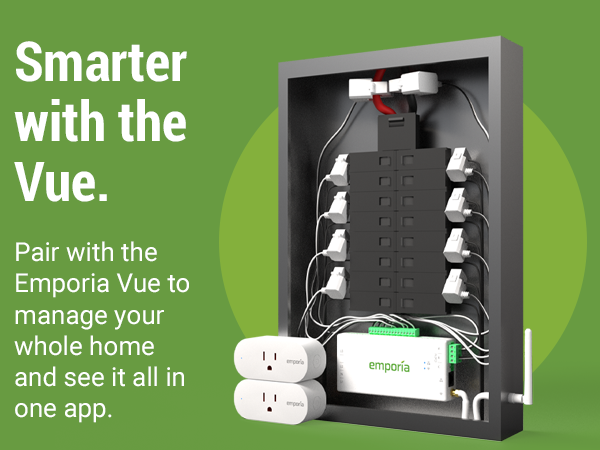 Emporia Vue energy monitor and smart plugs paired together for whole-home energy management.