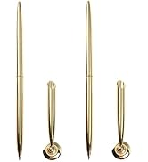 GANPUB 2Pcs Gold Pen And Pen Stand Round Pen Holder Signing Set Metal Attached To Desk Base Stand...