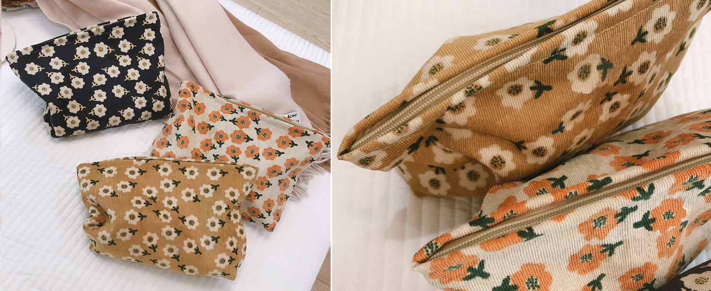 floral corduroy makeup bag for women girls, uplifting flowers, vintage puffy velvet corduroy