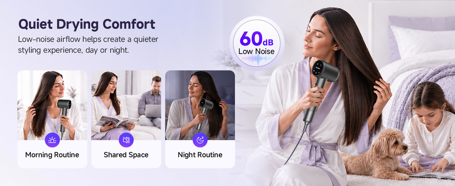 Quiet hair dryer with low-noise airflow for daily routines