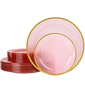 QualQuot 120PCS Pink Plastic Plates with Gold Rim, Heavy Duty Disposable Plate, Fancy and Elegant...