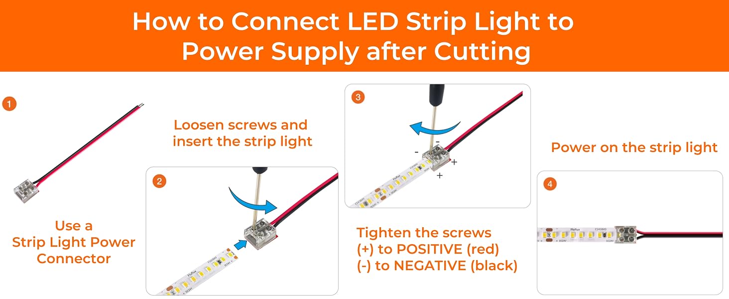 Connect 2835 LED strip to power supply by using 2-pin screw terminal block connector after cutting