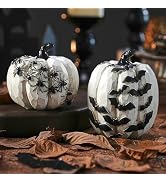 FESTGLOX Black and White Pumpkins with Bats for Halloween Indoor Decor | 2Pcs Resin Halloween Pum...