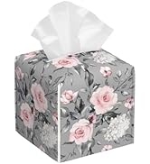 Pink Rose Flowers Tissue Box Cover Square,Colorful Spring Floral Tissue Box Holder Waterproof Lea...
