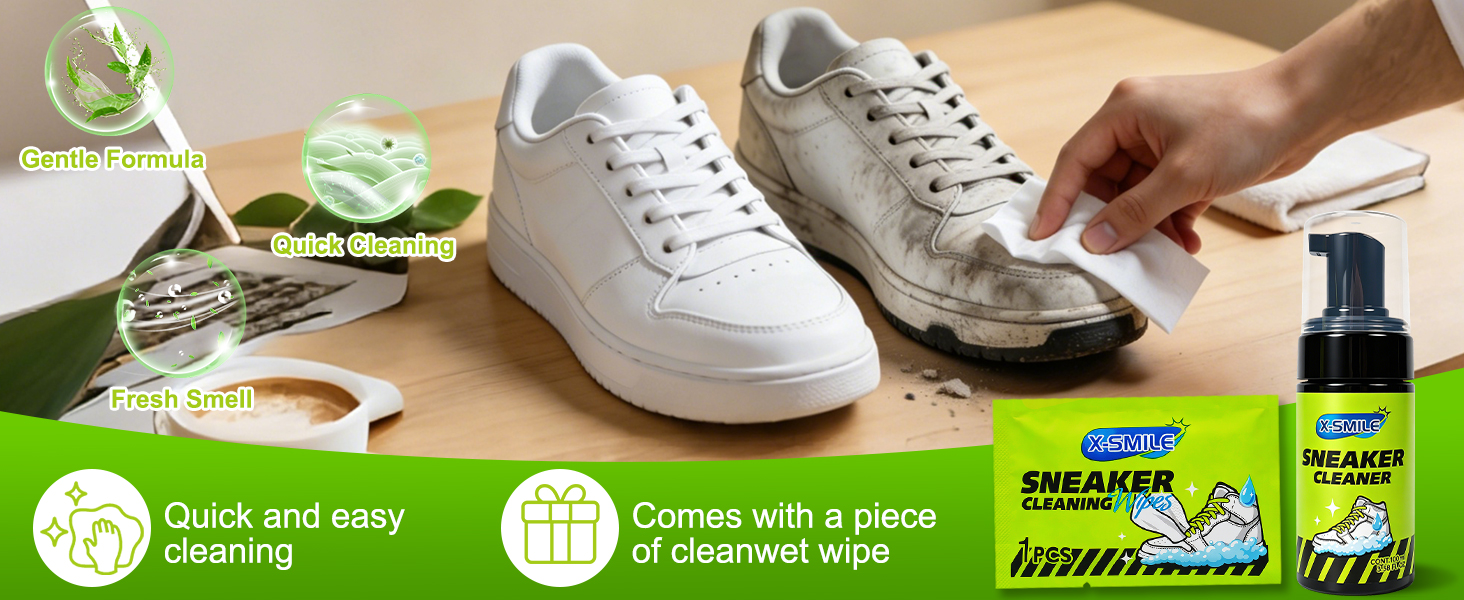 before and after cleaning white sneakers with shoe cleaning foam