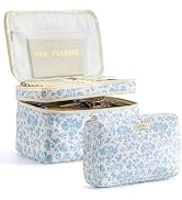 HBselect 2Pcs Double Layer Travel Makeup Bag Women, Cotton Quilted Makeup Bag Coquette Makeup Bag...