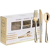 N9R 300PCS Gold Plastic Silverware, Heavy Duty Gold Plastic Cutlery Set Disposable Flatware Dinne...