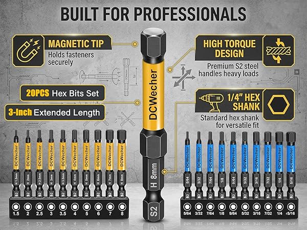 20-Piece 3-Inch Long Magnetic S2 Allen Wrench Drill Bit Set