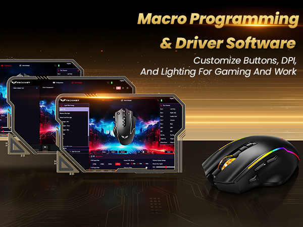 Text reads 'Macro Programming & Driver Software' and 'Customizable Buttons' and 'And Lighting For Gaming And Work'. Gaming setup featuring laptop, tablet, and yellow/black ergonomic mouse with RGB lighting displayed against dark background.
