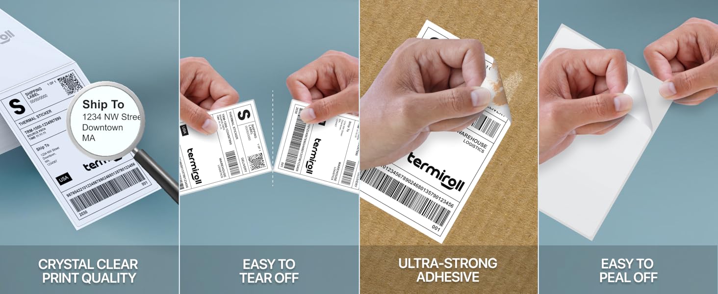 Termiroll Labels are CRYSTAL CLEAR PRINT QUALITY, ultra-strong adhesive, easy to PEAL and tear off