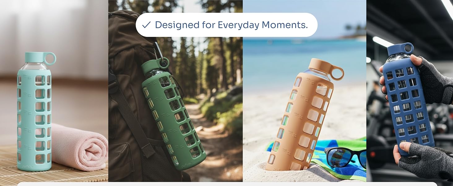 Dishwasher safe glass water bottle with protective cover