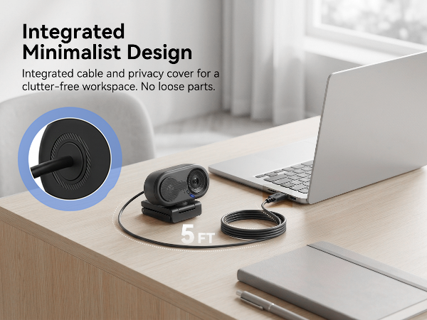 1080P webcam with integrated cable keeps your workspace neat with no extra storage or missing parts