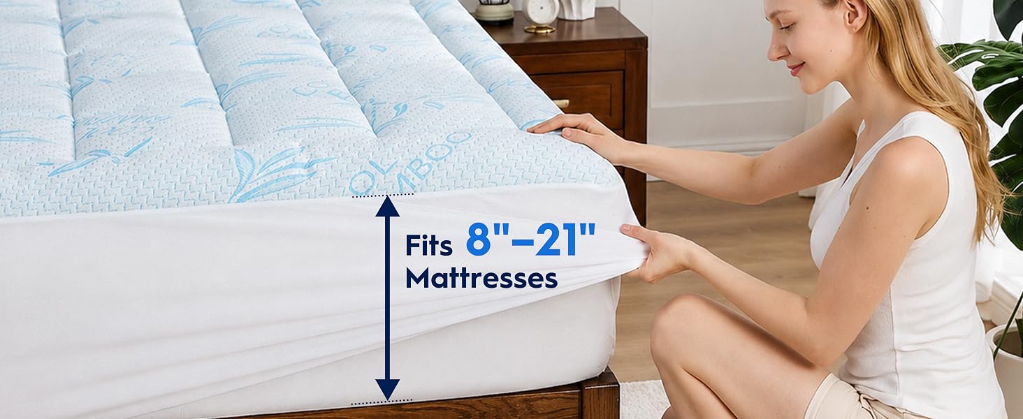 360° elastic deep pocket stays securely in place on 8–21 inch mattresses