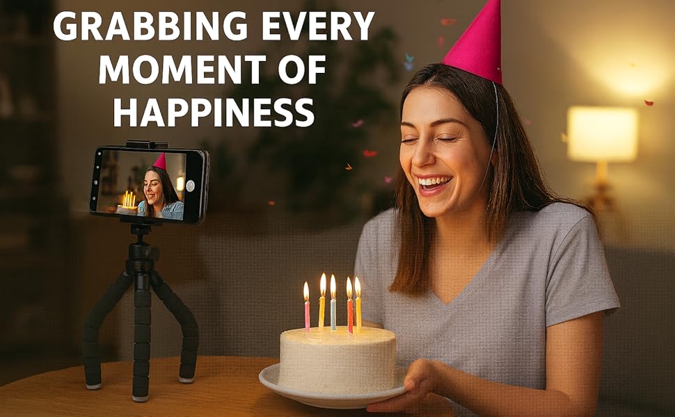 Woman celebrating birthday recording with tripod-mounted smartphone