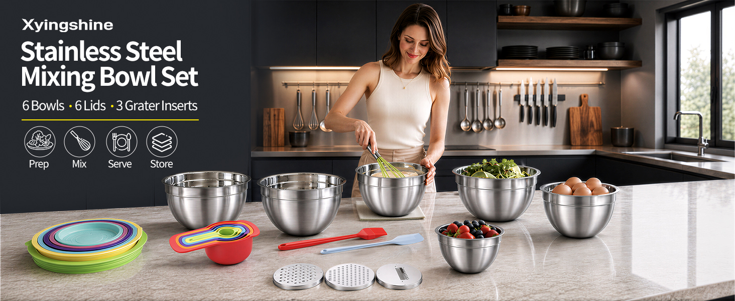 stainless steel mixing bowl set; prep mix serve store; grater inserts; Xyingshine picture part of AI