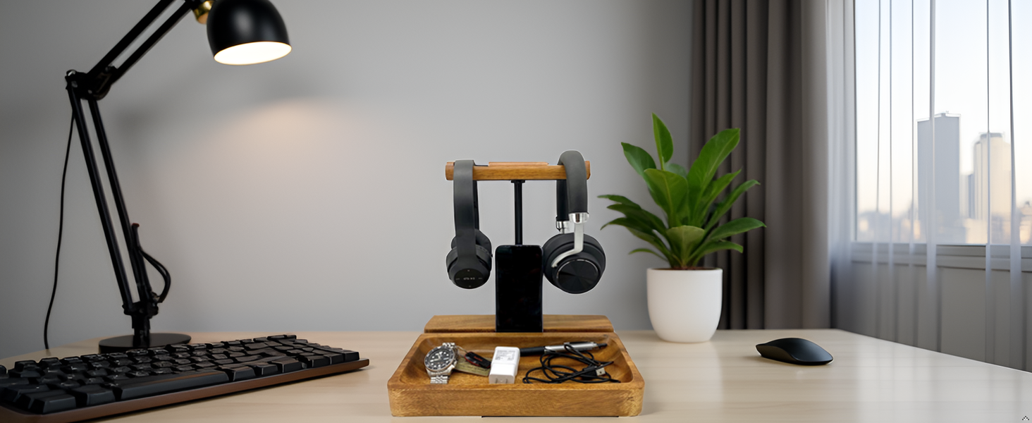 Soporte de auriculares wood dual headset accessory stand holder desk organizer storage tray hanger
