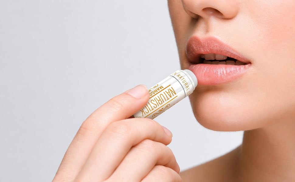Natural lip balm application showing smooth, non-glossy finish and lightweight wear
