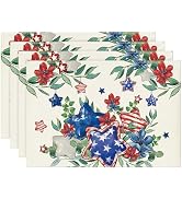 Artoid Mode American Flag Patriotic Stars Flower 4th of July Placemats Set of 4, 12x18 Inch Memor...