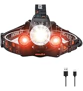 BORUIT Headlamp with White Red Light, Super Bright Hunting Head Lamp 3 Modes, USB C Rechargeable ...