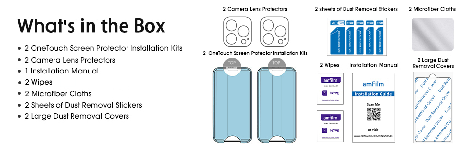 Product contents diagram showing screen protectors, lens protectors, installation manual, and dust removal stickers with accompanying illustrations.