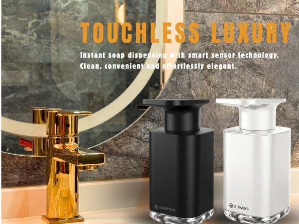 Text reads 'TIMELESS LUXURY' with subtitle text below. Image shows three cylindrical containers in gold, black, and white finishes displayed on a concrete surface with promotional product imagery.