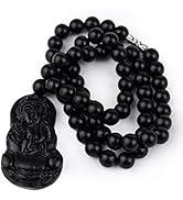 vv8oo Bian Stone Necklace Pendant Buddhist Bodhisattva Black Beads Round for Men Women (Arya Aval...