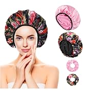 Shower Caps for Women, 2 PCS 3 Layers Terry Lined Shower Cap + 2 Satin Scrunches