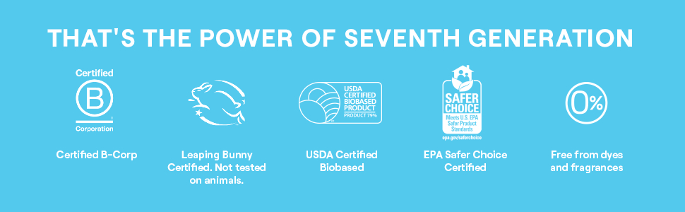 That's the power of Seventh Generation. Five credential icons on a sky blue background.