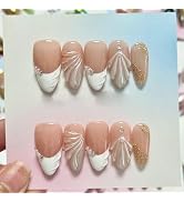 30pcs White French Press On Nails Medium Almond Fake Nails 3D Wavy & Rhinestone Design Elegant Go...