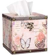 Vintage Tissue Box Cover, Wood Square Tissue Box Holder, Decorative Butterflies Design Faux Leath...