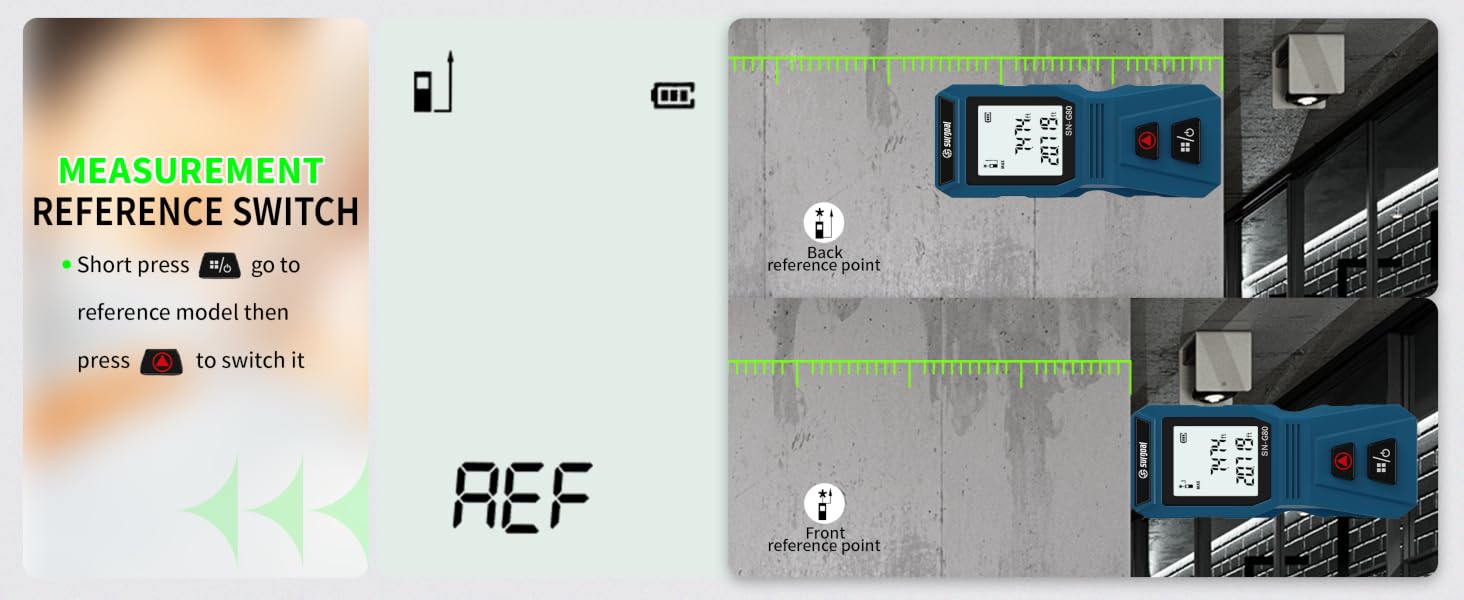 Short press to switch measurement reference points.