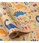 RUSPEPA Dinosaur Wrapping Paper Roll for Kids, Mini Roll, Colorful Dinosaur Star and Happy Birthd...