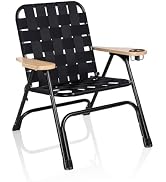 classic webbed folding lawn chair with wood armrests for vintage style outdoor seating
