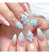 24Pcs Blue French Tip Press On Nails Medium Almond Fake Nails, 3D Blue Flower Design Rhinestone P...