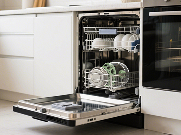 Open dishwasher in kitchen, showing two racks loaded with white dishes and glasses. Stainless steel interior and door visible.