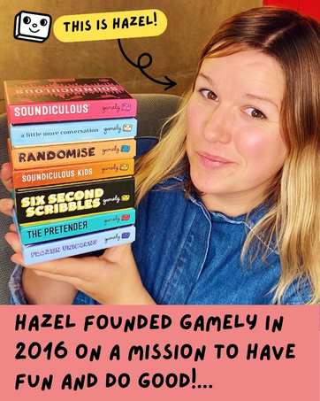 Stack of colorful books shown with text overlay discussing founding of Gamely in 2016.