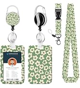 Badge Holder Cute Vintage Groovy Flowers Floral Tropical Green ID Lanyard Retractable Badge Reel ...