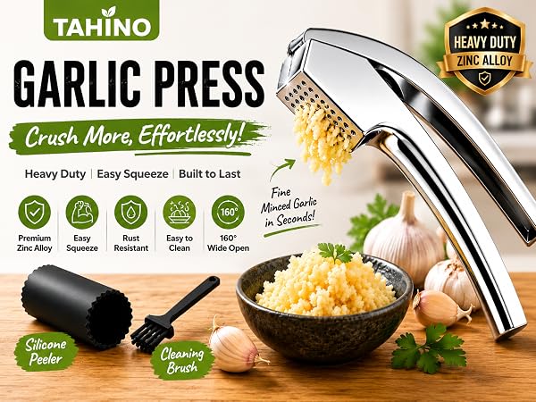 TAHINO Zinc Alloy Garlic Press and Mincer with Easy-Squeeze Handles and Rust-Resistant Design
