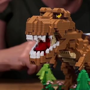Yellow T-Rex micro building blocks 2500 pieces 14 inch dinosaur jungle diorama.