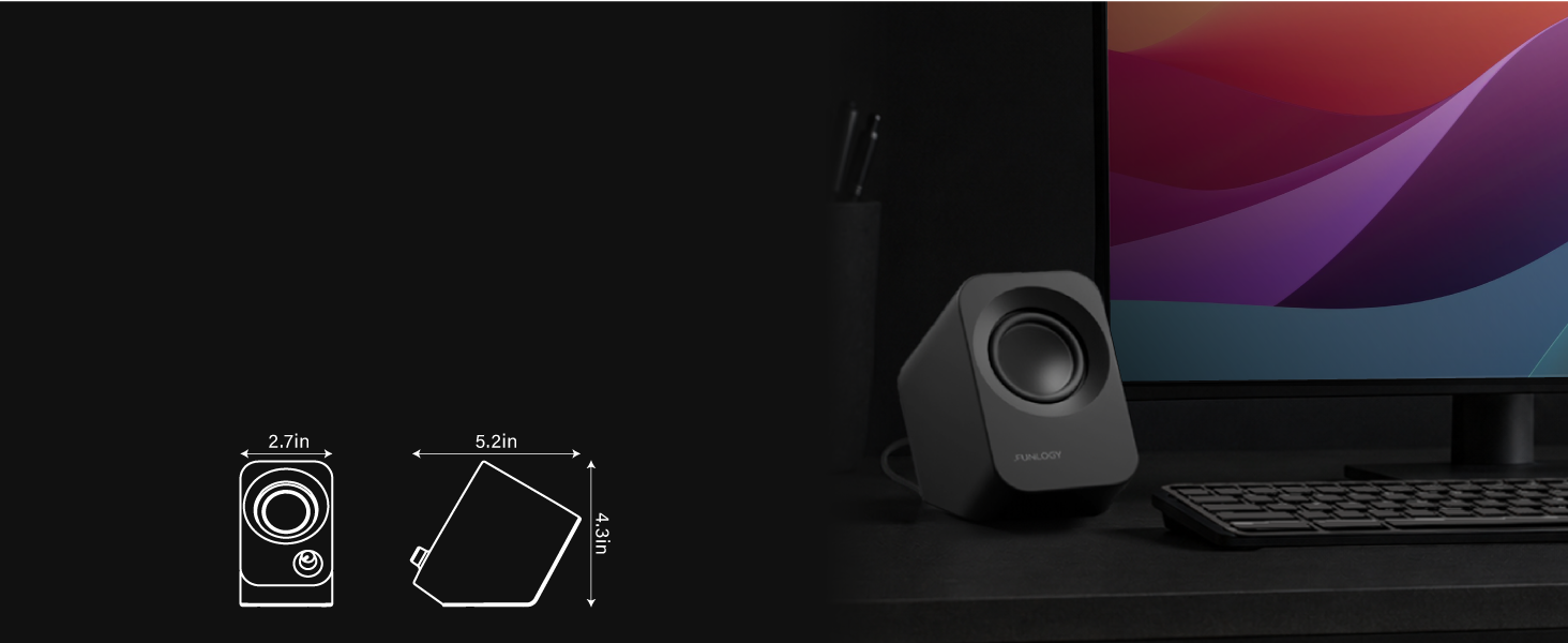 FUNLOGY Speaker Plus size diagram showing 2.7 in width, 5.2 in depth, and 4.3 in height.